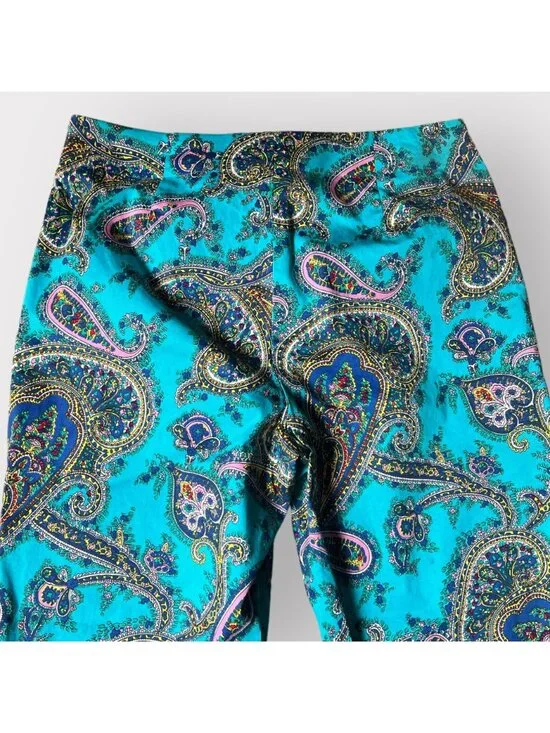 Talbots Size 4 Turquoise Blue Paisley Print Flat Front Slim Cropped Capri Pants - Picture 9 of 10